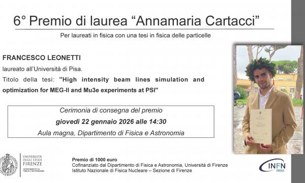 Assegnato il Premio di laurea &ldquo;Annamaria Cartacci&rdquo; 2025 per laureati in fisica con una tesi in fisica delle particelle